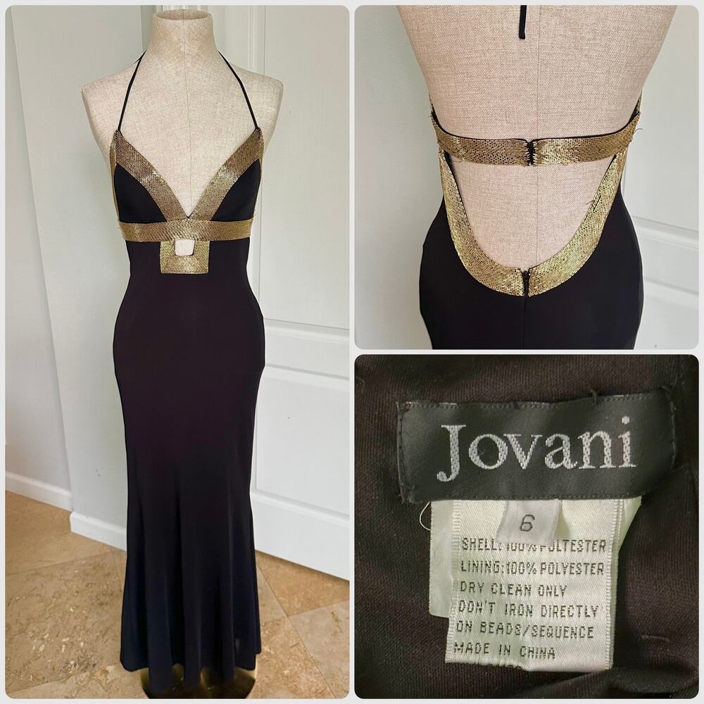 Vintage Jovani Metallic Beaded Halter Evening Gown